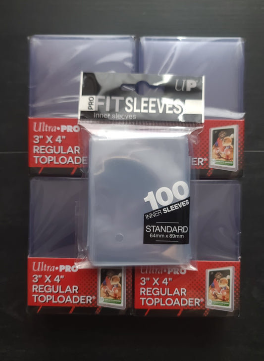 Pack Protection Cartes – 100 Fit Sleeves Ultra Pro + 100 Toploaders Ultra Pro (Pokémon, Yu-Gi-Oh!, Magic, Lorcana, TCG)